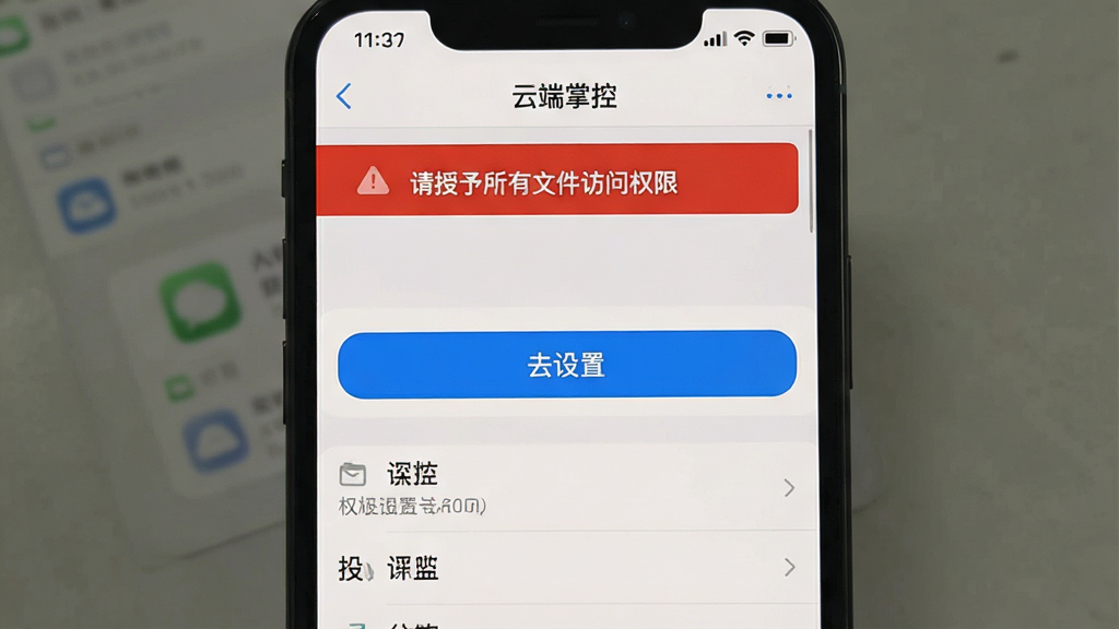 一张手机截图风格的图片,展示“云端掌控”App的权限设置引导页面,页面顶部有醒目的红色提示条写着“请授予所有文件访问权限”,下方有一个蓝色按钮写着“去设置”,背景是浅灰色的设置菜单列表,界面设计简洁明了,文字清晰可辨,画质干净,无多余元素
