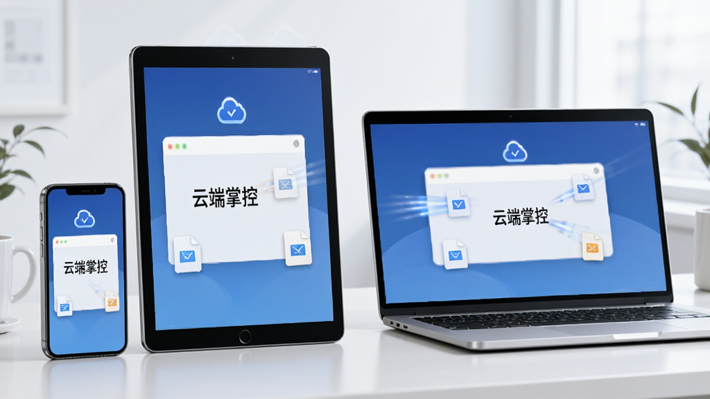 一张展示多设备协同的图片,画面中有一部手机、一台平板和一台笔记本电脑,三者屏幕上都显示着“云端掌控”的传输界面,界面中有文件图标在不同设备间飞行的动画效果,背景是整洁的桌面环境,光线明亮,风格偏向商务科技感,画质干净,无杂乱元素