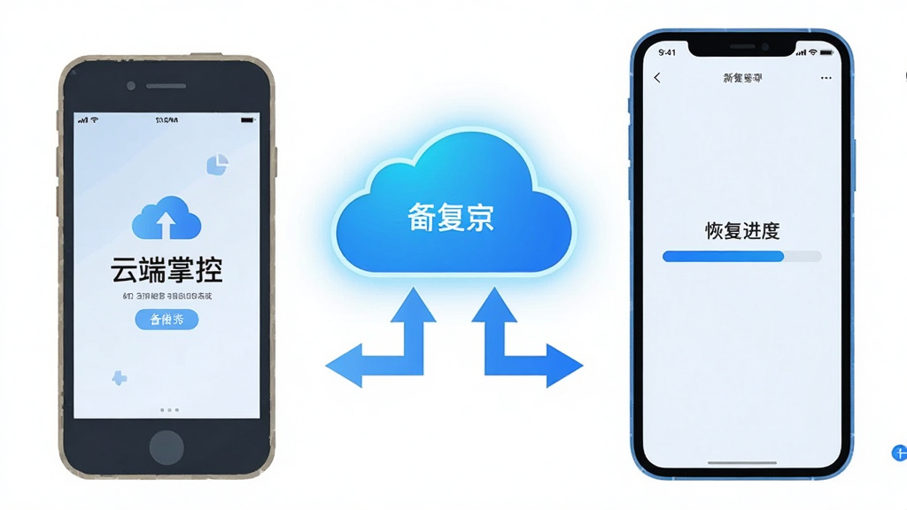 一张扁平化插画,画面左侧是一部旧手机,右侧是一部新手机,中间由一朵发光的蓝色云朵连接,云朵下方有箭头表示数据传输方向,旧手机屏幕上显示“云端掌控”的备份完成界面,新手机屏幕上显示恢复进度条,整体色调为科技蓝和白色,风格简洁现代,画质清晰,无多余装饰