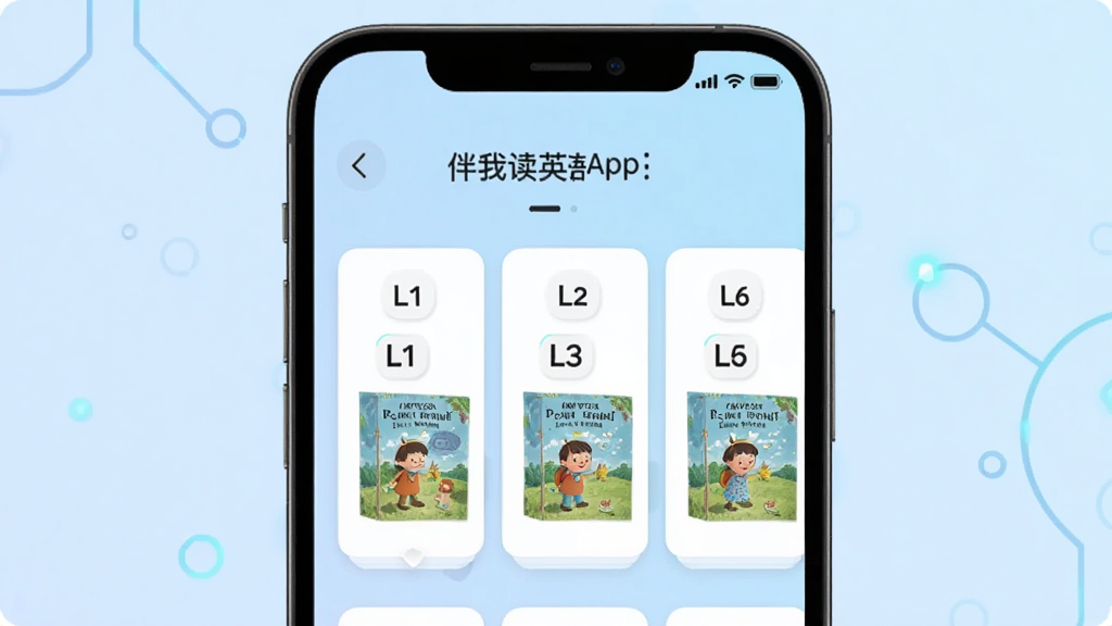 ���Ҷ�Ӣ��App�ڷּ��Ķ��������дͼ�������������ֻ���Ļ����Ļ�м���ʾ�����ļ���ѡ��Ƭ����L1��L6�������룬ÿ�ſ�Ƭ���м������ƺʹ����汾���棬�����ǵ���ɫ���䣬�����Ƽ��У�����������������Ԫ��