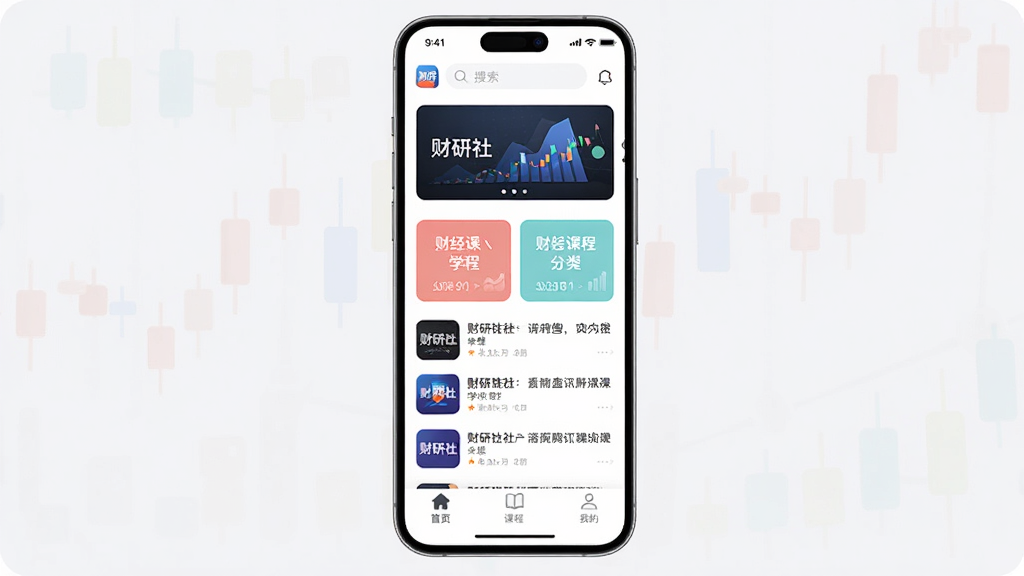 ������App������ȫòչʾ��������һ�����Ĳƾ�ѧϰ���ֻ�Ӧ�ý��棬����Ϊ�������������ֲ�ͼ���м��ǲƾ��γ̷��࿨Ƭ����Ѷ�б����ײ�Ϊ��ҳ���γ̡��ҵ�����ѡ����Ű���������������ִ���Լ��ϸ��Բ�󣬻��ʸɾ����޶���Ԫ�أ������а����������硱���ֱ�ʶ