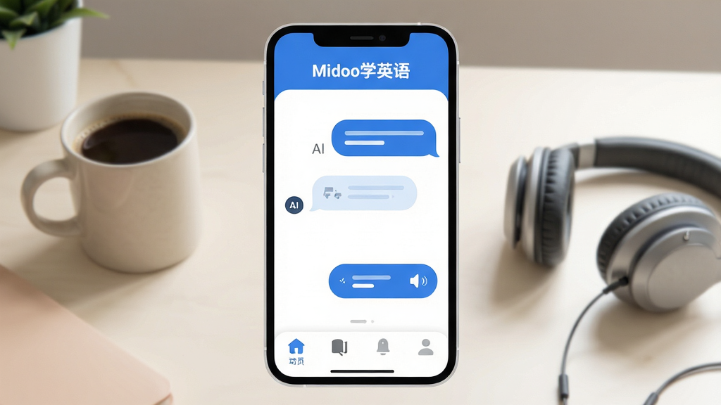 MidooѧӢ��App������ȫòչʾ������������һ�������ֻ���Ļģ�ͣ���Ļ����ʾ������ɫ�ĶԻ���ϰ���棬�����С�MidooѧӢ����ֱ�ʶ���м���AI�Ի����ݺ��û��������밴ť���ײ��ǹ��ܵ���������������͵���������������һ�����ȺͶ������������ִ���ƽ����ϸ��Բ�󣬻��ʸɾ��������޶���Ԫ�ء�