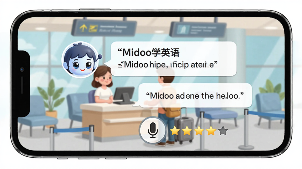 MidooѧӢ��AI�龰�Ի�����չʾ��������һ���ֻ�������ʾ����Ļ���ǻ���ֵ����̨�����廭����AI��ɫͷ��ͶԻ����ݣ�������д�š�MidooѧӢ���Ӣ�ĶԻ�ʾ�����·�����˷簴ť�ͷ����������ǡ����ͨдʵ��ɫ�����죬���ʸɾ����޶���Ԫ�ء�
