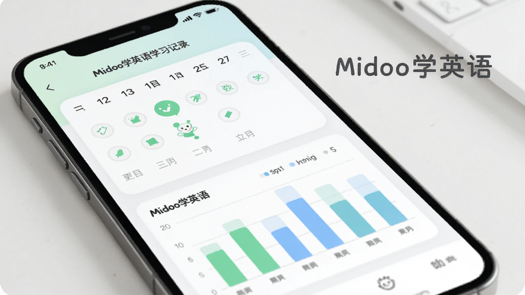 MidooѧӢ��ѧϰ��¼ҳ�棬�ֻ���Ļ��ʾ��������ͼ����״ͼ��ͼ�����С�MidooѧӢ����֣�������ɫ��ͣ�����ɫ����ɫ���������������Լ�ִ��������������޶���Ԫ�ء�