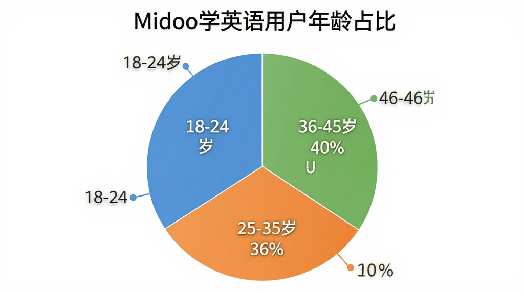 MidooѧӢ���û�����ֲ���״ͼ��ͼ������Ϊ��MidooѧӢ���û�����ռ�ȡ�����ͼ��Ϊ�ĸ�ɫ�飬�ֱ��ע18-24�ꡢ25-35�ꡢ36-45�ꡢ46-60�꼰��Ӧ�ٷֱȣ�ͼ����ɫ������������ִ������ʸɾ����޶���Ԫ�ء�