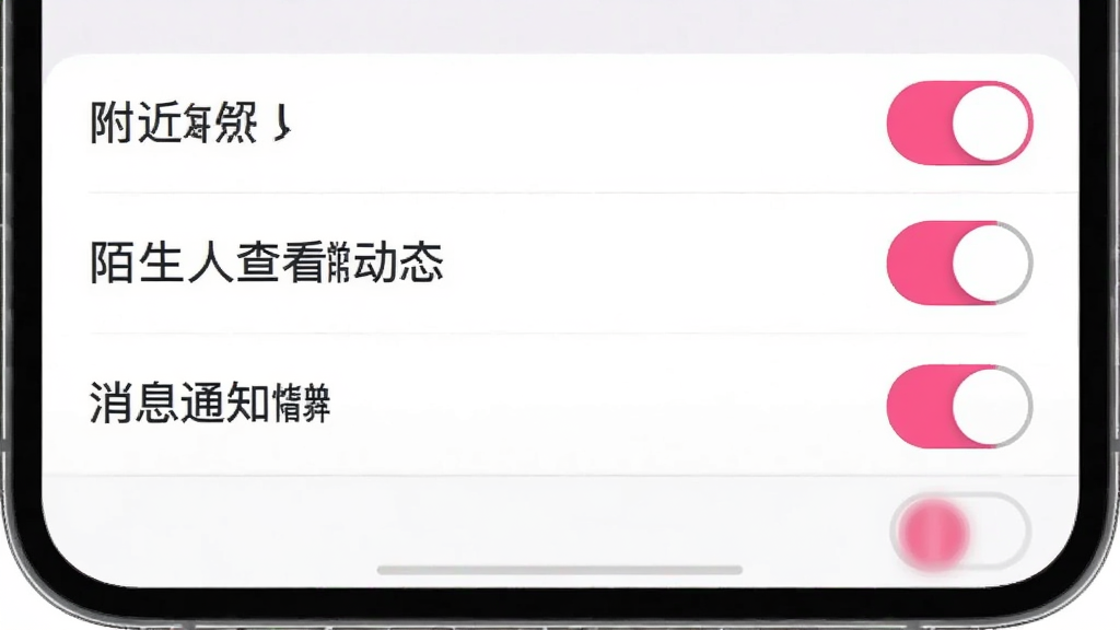 Girl go 隐私设置页面截图,界面显示多个选项开关,如附近的人、陌生人查看动态、消息通知等,开关按钮为粉色和灰色,背景是纯白色,排版清晰,画质干净,无多余元素