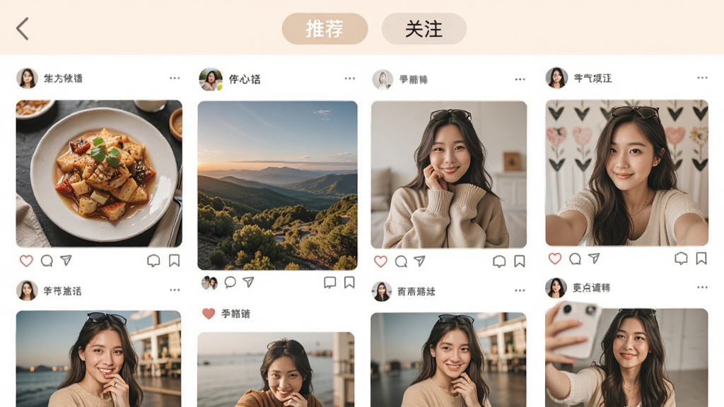Girl go 动态广场页面,瀑布流布局展示用户发布的图文动态,有美食、风景、自拍等缩略图,界面顶部有推荐和关注标签,整体色调温暖柔和,画质干净,无多余元素