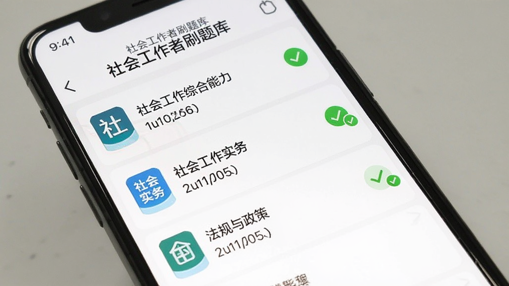 手机屏幕显示“社会工作者刷题库”的离线下载管理页面,列表中有“社会工作综合能力”“社会工作实务”“法规与政策”三个已下载的题库包,每个包后面有绿色对勾和文件大小标注,背景为白色,风格简洁,画质干净无多余元素