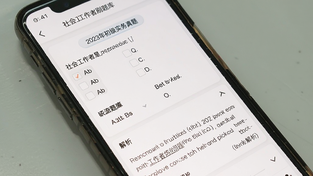 手机屏幕显示“社会工作者刷题库”的真题练习页面,上方有“2023年初级实务真题”标题,中间是一道选择题和四个选项,下方展开详细解析框,背景为白色,风格清爽,画质干净无多余元素
