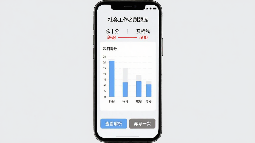 手机屏幕显示“社会工作者刷题库”的模拟考试结果页,顶部是总分和及格线标注,中间是各科目得分柱状图,下方是“查看解析”和“再考一次”按钮,背景为淡灰色,风格现代扁平,画质干净无多余元素