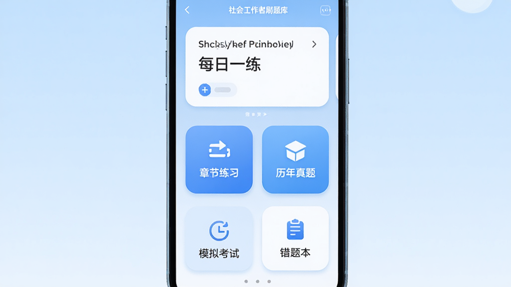 手机屏幕中央显示“社会工作者刷题库”应用界面,布局为上方是每日一练卡片,中间是章节练习和历年真题两个大按钮,下方是模拟考试和错题本入口,背景为浅蓝色渐变,风格简洁扁平,细节圆润,画质干净无多余元素