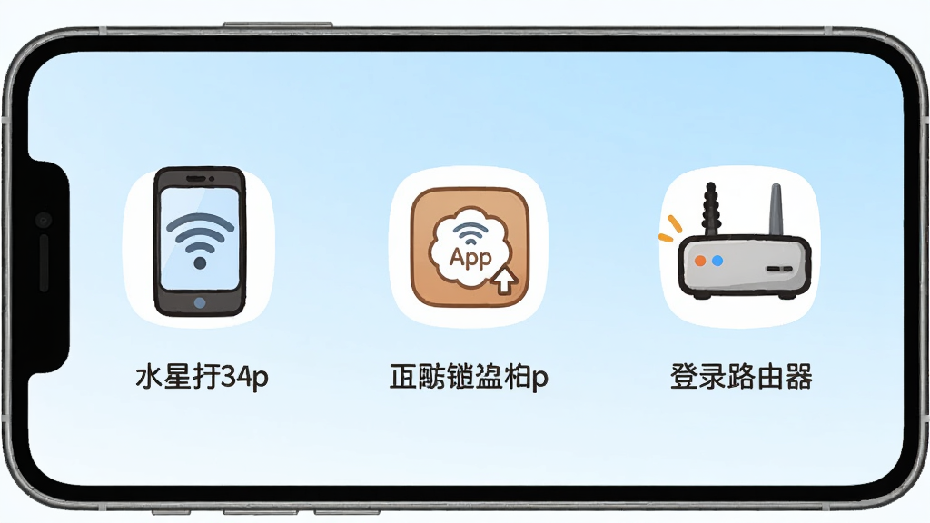 һ��ˮ��wifi�������������ͼƬ���ֻ���Ļ��ʾ���������������ҳ����һ�����ֻ�����WiFi��ͼ�꣬�ڶ���������App��ͼ�꣬�������ǵ�¼·������ͼ�ꡣÿ�������·��м������˵����������ͨ�ɰ��������ǵ���ɫ���䣬���ʸɾ����޶���Ԫ�ء�