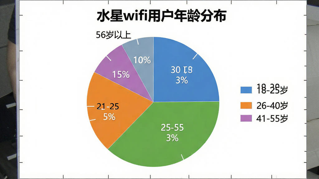 һ��չʾ�û�����ֲ��ı�״ͼͼƬ��ͼ������Ϊ��ˮ��wifi�û�����ֲ�������ͼ��Ϊ�ĸ����֣��ֱ��ò�ͬ��ɫ��ע��18-25��ռ��30%��26-40��ռ��35%��41-55��ռ��25%��56������ռ��10%��ͼ������Ϊ��ɫ��ͼ�����������ֱ�ע�ٷֱȣ������רҵ�����ʸɾ��޶���Ԫ�ء�