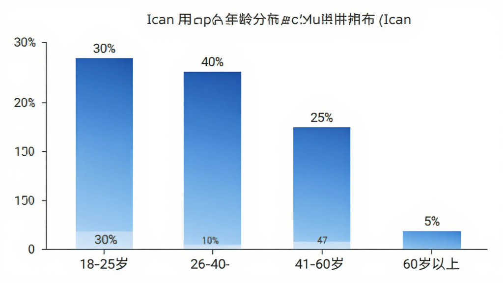 柱状图展示Ican用户年龄分布,18-25岁占比30%,26-40岁占比40%,41-60岁占比25%,60岁以上占比5%,图表颜色为蓝色渐变,背景白色,文字标签清晰,风格简洁现代