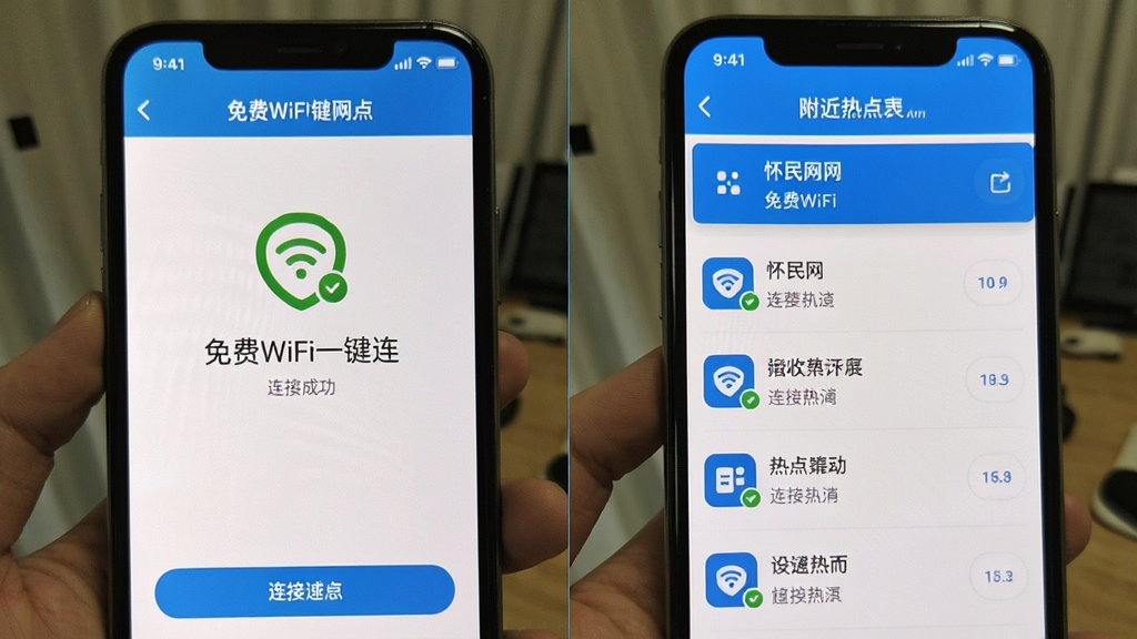 怀民网-免费WiFi一键连 连接成功后的手机界面截图及附近热点列表展示