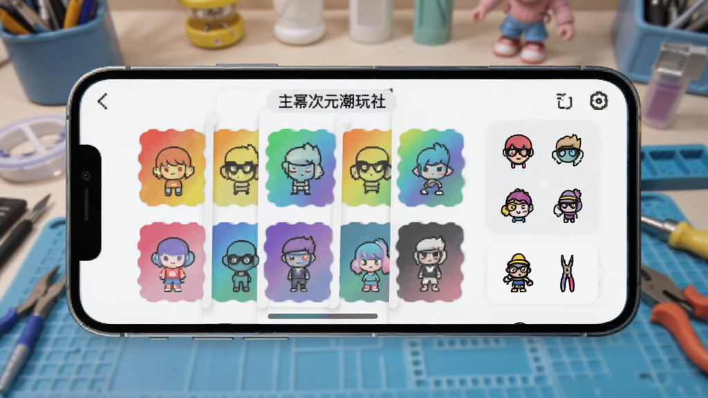幂次元潮玩社 主题装扮设置界面 手机屏幕显示多种颜色主题选项 旁边有对应的图标样式预览 背景为工作台 风格多样 色彩丰富 画质干净 无多余元素