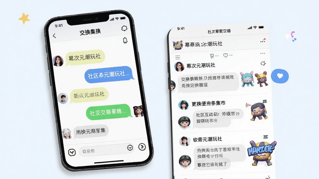 幂次元潮玩社 社区互动与交换集市页面 展示用户聊天界面和交换帖子列表 画面中有手机和对话框气泡 风格活泼 细节清晰 画质干净 无多余元素
