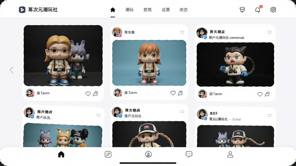 幂次元潮玩社 应用主界面全貌 展示潮玩社区动态流 顶部导航栏 底部菜单 主体为各类潮玩公仔图片和用户帖子卡片 布局清晰 现代扁平化设计风格 细节圆润 高画质 干净 无多余元素