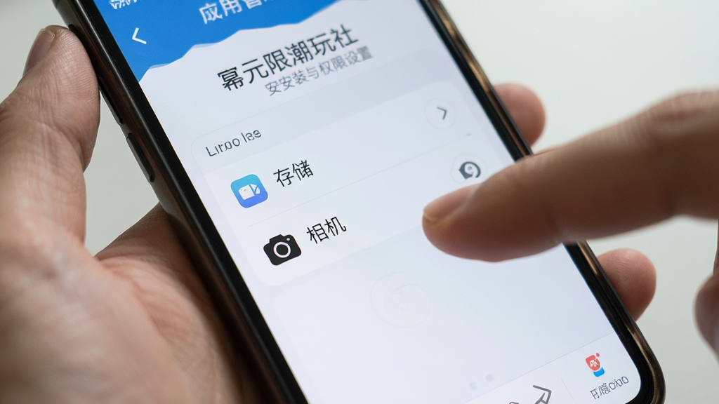 幂次元潮玩社 安装与权限设置示意 手机屏幕显示应用权限管理界面 有存储和相机选项 旁边有手指点击的动作 风格写实 画质干净 无多余元素