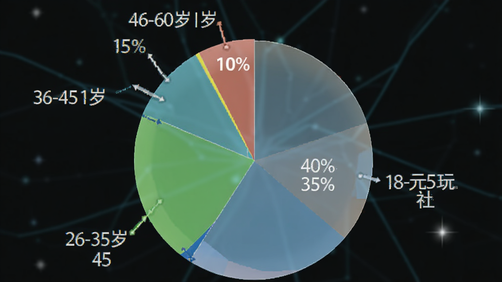 幂次元潮玩社 用户年龄分布饼状图 展示18-25岁占比35% 26-35岁占比40% 36-45岁占比15% 46-60岁占比10% 图表色彩鲜明 数据标签清晰 风格简洁 画质干净 无多余元素