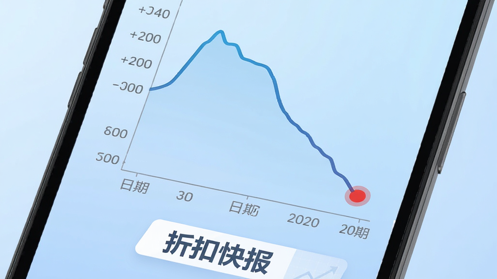 手机屏幕显示一条价格走势折线图,横轴为日期纵轴为价格,曲线呈现先高后低的趋势,最低点用红色圆点标注,图表下方显示“折扣快报”文字标识,背景为浅蓝色渐变,风格专业简洁,画质干净,无多余元素