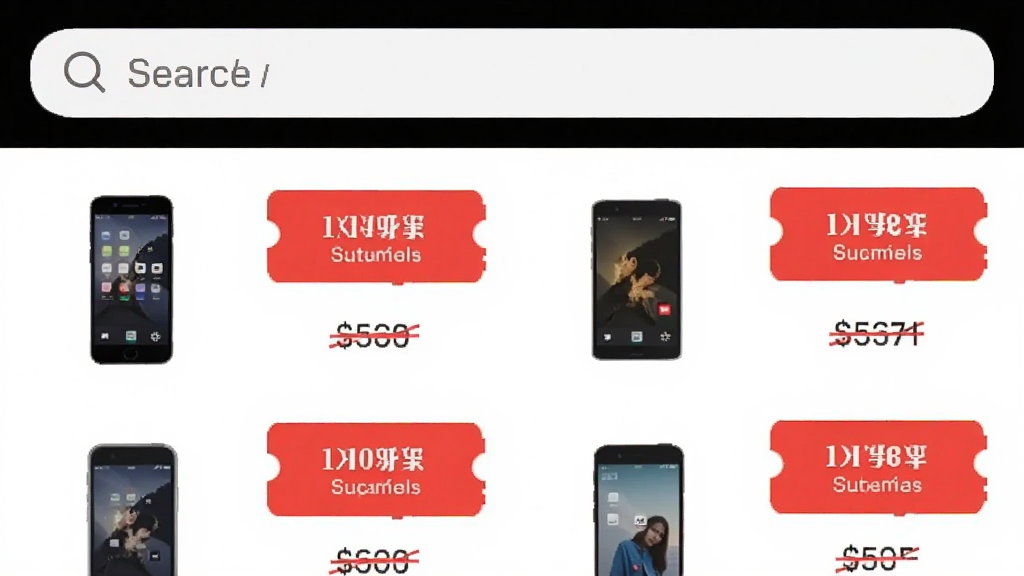 手机应用界面截图风格,顶部显示搜索框,下方是商品列表,每个商品右侧带有红色的优惠券标签和划线价格对比,背景为纯白色,排版整齐,风格简洁明快,画质清晰,无多余元素