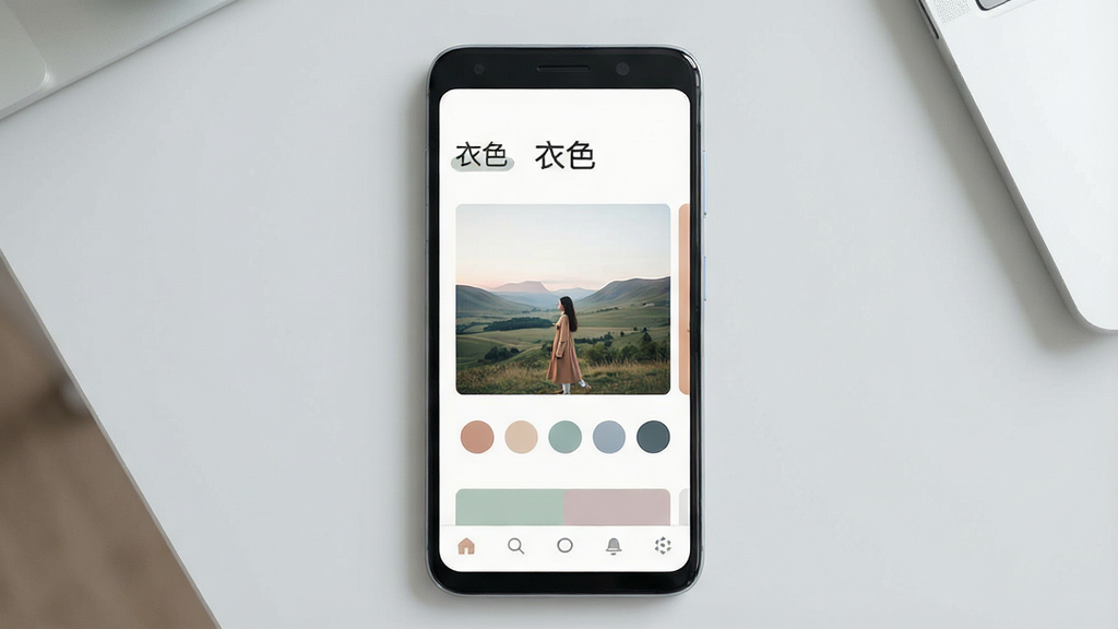 一张展示现代手机界面设计的概念图,画面中央是一部安卓手机,屏幕亮起显示着一款名为