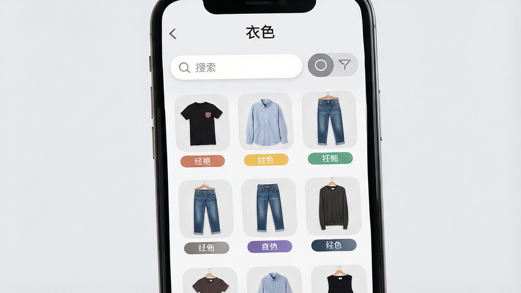 一张展示手机应用界面的图片,界面中是一个数字衣橱的网格视图,里面整齐排列着用户拍摄的T恤、衬衫、牛仔裤等衣物缩略图,每件衣服下方有颜色标签,顶部有搜索框和筛选按钮,整个界面背景为浅灰色,图标圆润,文字清晰,