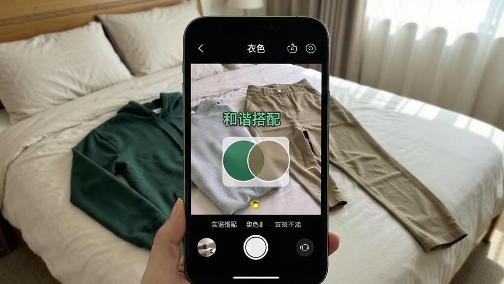 一张展示手机相机取景框界面的图片,画面中手机摄像头正对着两件平铺在床上的衣服,一件是墨绿色卫衣,一件是卡其色休闲裤,屏幕上