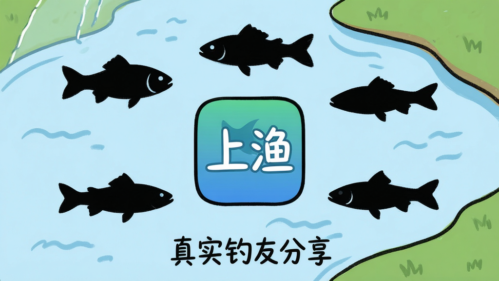 一张手绘风格的地图,地图上标记着“上渔”App的图标,图标周围环绕着不同的鱼种剪影(鲫鱼、鲤鱼、草鱼),地图下方有一排小字写着“真实钓友分享”,背景是淡蓝色的水域和绿色的岸边,风格简洁卡通,画质干净