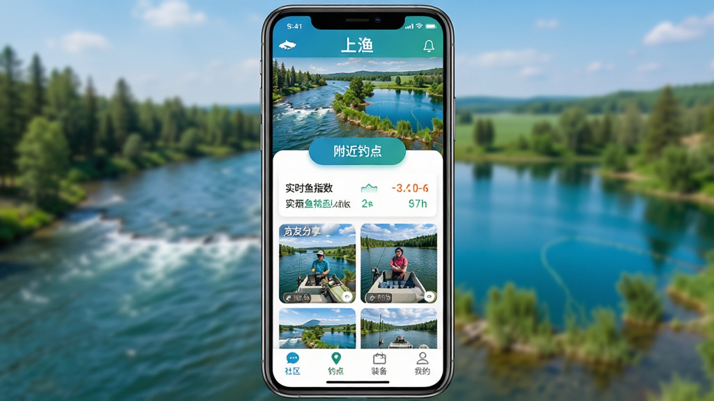 手机屏幕展示“上渔”App主界面,界面顶部是动态的河流与湖泊风景图,中间悬浮着“附近钓点”按钮和实时鱼情指数,下方是钓友分享的渔获照片瀑布流,界面底部有“社区”、“钓点”、“装备”、“我的”四个图标,整体风格户外清新,蓝绿色调为主,画质清晰明亮,无多余元素