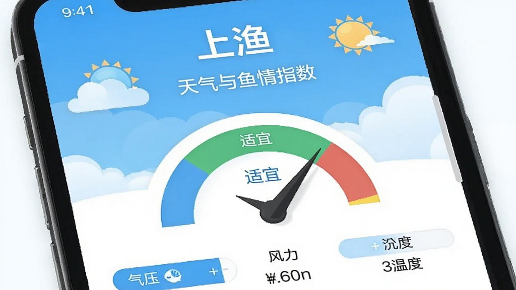一个手机界面特写,界面上显示着“上渔”的天气与鱼情指数页面,顶部是晴朗的天空和云朵插画,中间是一个半圆形的仪表盘,指针指向“适宜”区域,下方是气压、风力、温度的数据条,风格扁平化设计,蓝白配色,干净清爽