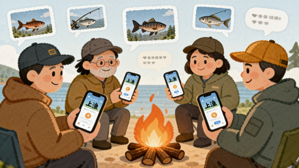 一个温馨的线上社区场景,几位不同年龄的钓友围坐在虚拟的篝火旁,每人手里拿着手机,手机屏幕上显示着“上渔”的界面,他们身后是漂浮的渔获照片和聊天气泡,风格温暖手绘,色彩柔和,画质干净