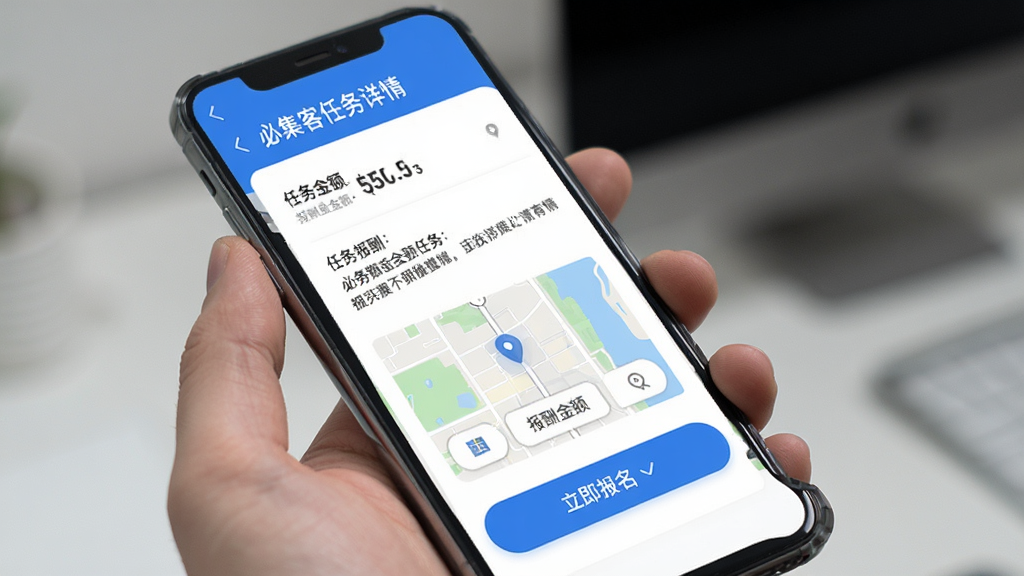 手机屏幕展示必集客任务详情页面,顶部是任务标题和报酬金额,中间有任务描述和地图导航按钮,底部是立即报名按钮,界面以白色和蓝色为主,文字清晰,风格简洁现代,画质干净