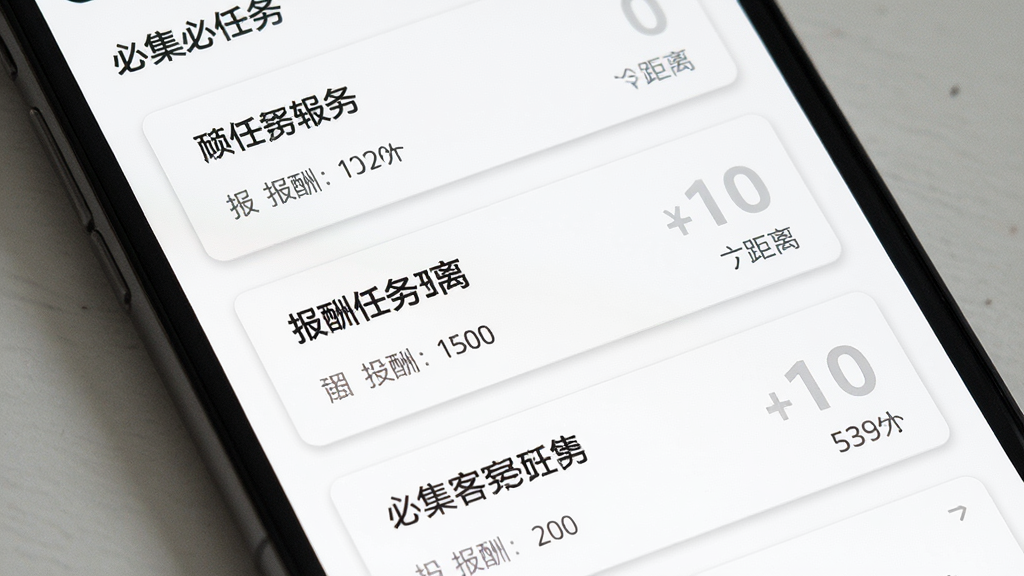手机屏幕展示必集客任务列表页面,多个任务卡片纵向排列,每个卡片显示任务标题、报酬和距离,背景白色,卡片有轻微阴影,界面清爽,文字清晰,风格扁平化,画质干净