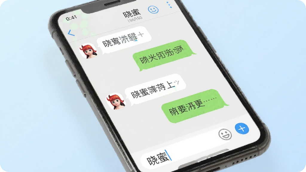 一张展示晓蜜聊天界面细节的图片,画面中央是手机屏幕,屏幕里显示晓蜜的聊天窗口,气泡左右分明,输入框有表情和加号图标,背景是淡蓝色渐变,风格干净清新,画质细腻,无多余元素。