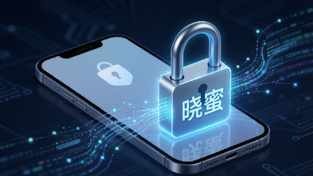 一张表现晓蜜消息加密概念的图片,画面主体是一个手机和一把发光的锁,锁上写着“晓蜜”,周围有数据流线条,背景是深蓝色科技感风格,布局简洁,画质清晰,无多余元素。