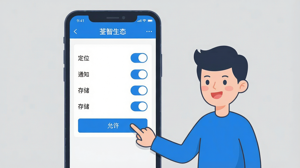 һ��չʾ�ֻ�App����ָ�ϵ�ʾ��ͼ��������һ���ֻ�������ʾ��������̬��App��Ȩ������ҳ�棬ҳ�����ж�λ��֪ͨ���洢��Ȩ�޿��أ��Ա���һ����ͨ��������ָ����Ļ�ϵġ���������ť�������Ǽ��Ļ�ɫ������ƽ����ɫ������ɫ�Ͱ�ɫΪ�������ʸɾ��������޶���Ԫ�ء�