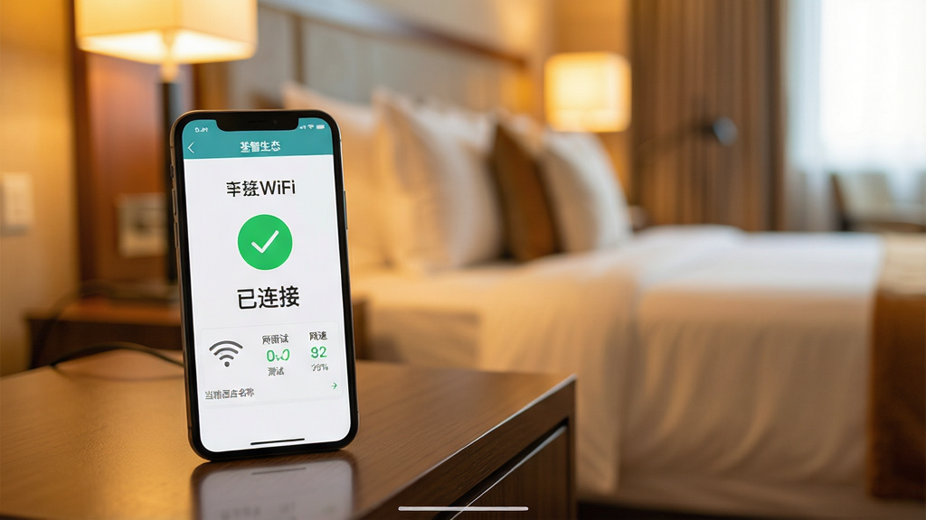 һ��չʾ�ֻ��Զ����ӾƵ�WiFi�Ľ����ͼ��������һ���ֻ������ھƵ괲ͷ���ϣ��ֻ���Ļ��ʾ��������̬��App��WiFi���ӳɹ�ҳ�棬ҳ��������һ����Ŀ�ġ������ӡ���ɫ�Թ�ͼ�꣬�·���ʾ��ǰ�Ƶ����ƺ����ٲ��Խ�����������黯�ľƵ귿�价����ɫ����ܰ���ʣ����������ɾ���