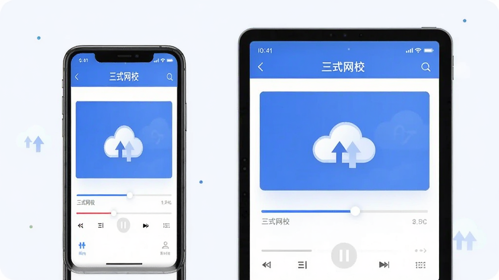 һ��չʾ����ʽ��У��Appѧϰ����ͬ�����ܵ�ͼƬ������Ϊ�ֻ���ƽ�岢����ʾ����Ļ�϶���ʾ����ʽ��У��App�Ŀγ̲��Ž��棬������λ��һ�¡�����Ϊ���ҶԱȡ����Ϊ�Ƽ��б�ƽ�磬ϸ���ϴ����ƶ�ͬ��ͼ�ꡣ���������ɾ����޶���Ԫ�ء�