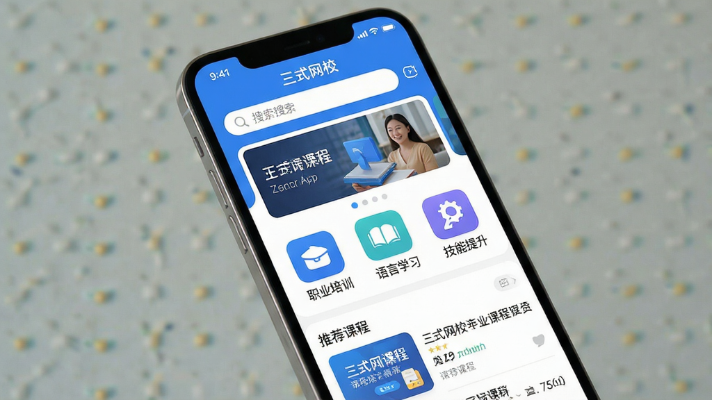 һ��չʾ����ʽ��У��App����ȫò��ͼƬ������Ϊһ�������ֻ�����Ļ��ʾ����ʽ��У��App�������棬���沼���Ϸ������������ֲ�ͼ���м��ǿγ̷���ͼ���硰ְҵ��ѵ����������ѧϰ�������������������·����Ƽ��γ��б����Ű���þ��й�ͼ���ֻ�΢΢��б�����Ϊ�ִ���ƽ��UI��ƣ�ϸ����ͼ��Բ��ɫ��������Ϊ�������������ɾ����޶���Ԫ�ء�