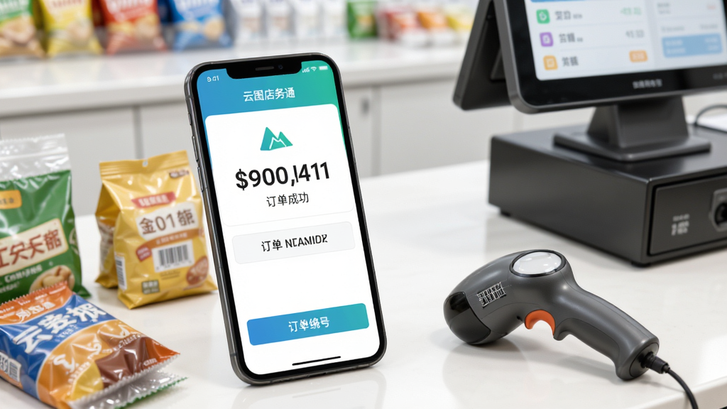 云图店务通收银功能界面,画面中手机屏幕显示收款成功页面,有金额数字和订单编号,屏幕旁边散落着商品和扫码枪,背景是明亮的便利店收银台,风格写实干净