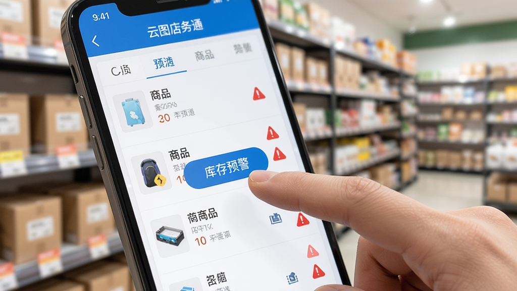 云图店务通手机端操作界面特写,画面展示手指点击屏幕上的库存预警按钮,屏幕显示商品列表和红色预警图标,背景是店铺货架,风格写实清晰