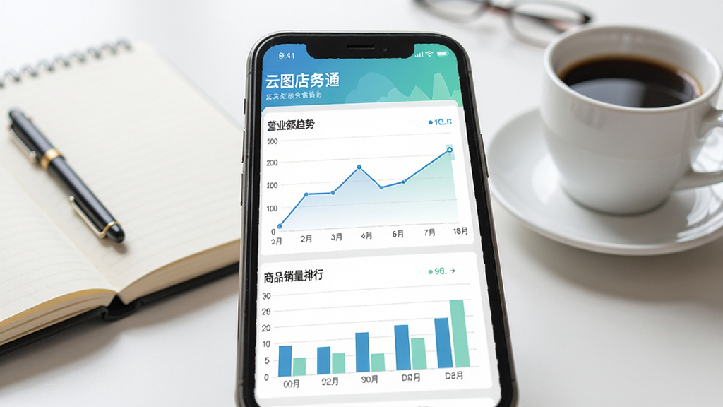 云图店务通经营报表界面,手机屏幕显示折线图和柱状图,有营业额趋势和商品销量排行,界面配色清新,背景是办公桌上的笔记本和咖啡杯,风格商务简洁