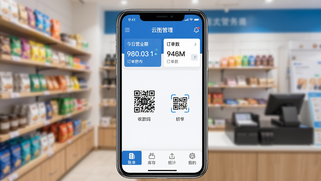 云图店务通软件主界面全貌展示,画面中央是手机屏幕,屏幕内显示店铺管理仪表盘,顶部有今日营业额和订单数,中间有收款码和扫码图标,底部有账单、库存、统计、我的四个选项卡,整体以蓝白色调为主,风格简洁现代扁平化,背景是虚化的实体店铺货架场景,画质干净清晰,无多余元素
