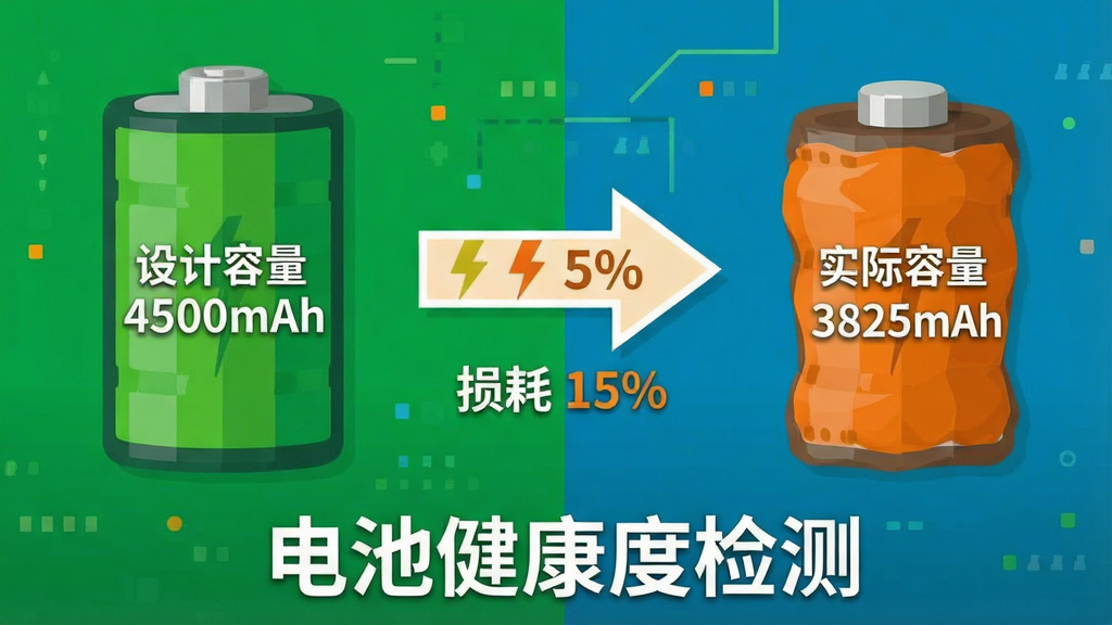 һ����Ϣͼ������ͼƬ��������໭��һ��ȫ�µ���ɫ��أ���ע��������� 4500mAh�����Ҳ໭��һ����΢ή���ĳ�ɫ��أ���ע��ʵ������ 3825mAh�����������м���һ�����ҵļ�ͷ����ͷ�·�д�š���� 15%����ͼƬ�ײ��С���ؽ����ȼ�⡱�������������ƽ������ɫ�Ա������������������޶���Ԫ��