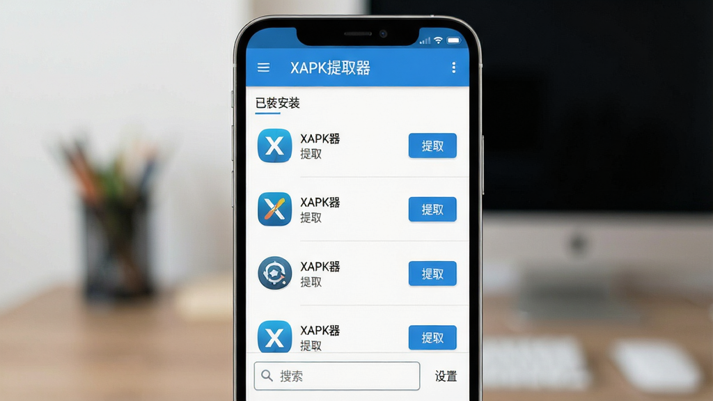 һ��չʾXAPK��ȡ�������������ͼƬ�������������ֻ���Ļ����Ļ����ʾXAPK��ȡ��Ӧ�õ������棬����������д�š�XAPK��ȡ�������м����Ѱ�װӦ���б���ÿ��Ӧ���Ա�����ȡ��ť���ײ��������������ѡ����岼�ּ�����ˣ�������ɫ��Ϊ��������ִ���ƽ��ϸ�����������ʸɾ��޶���Ԫ�أ��ʺ���Ϊ����������ͼ��