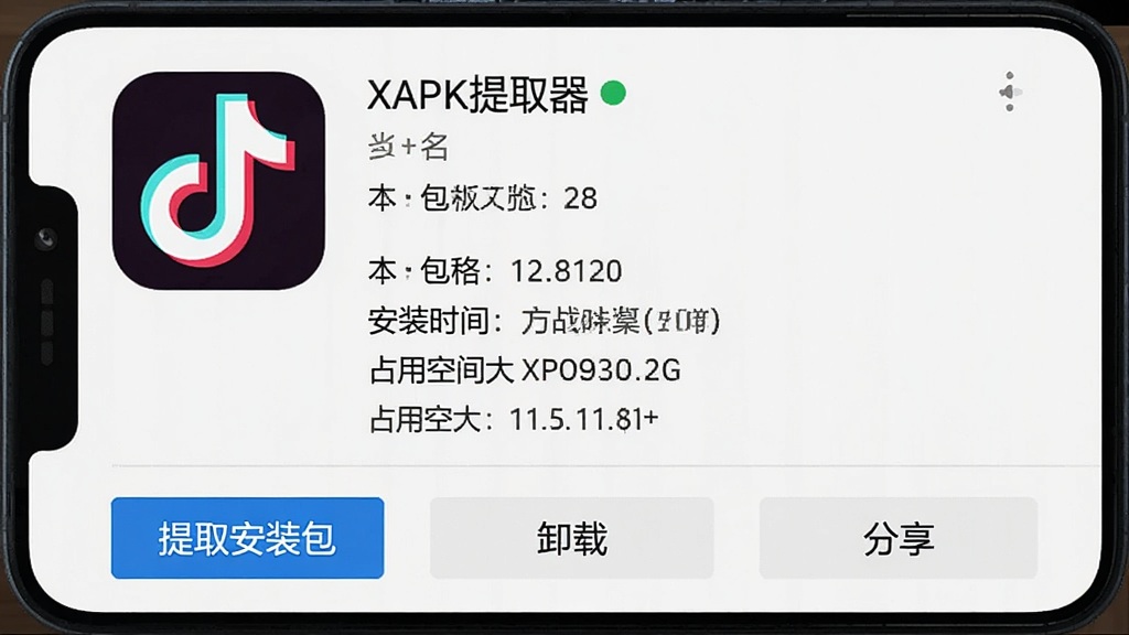 һ��չʾXAPK��ȡ��Ӧ������ҳ���ͼƬ�������������ֻ���Ļ����Ļ����ʾĳ��Ӧ�ã��綶��������ϸ��Ϣҳ�棬����Ӧ��ͼ�ꡢ���ơ��汾�š���������װʱ�䡢ռ�ÿռ��С�ȣ��·��С���ȡ��װ������ж�ء���������������ť�����岼������������࣬���ʸɾ���ͼƬ�����������ɼ���