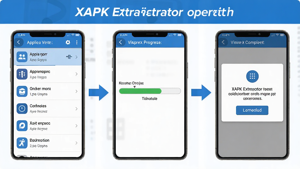 һ��չʾXAPK��ȡ���������̵�ͼƬ�������Ϊ�������֣������Ӧ���б����棬�м�����ȡ���������棬�Ҳ�����ȡ�����ʾ���棬���������ü�ͷ���ӣ�չʾ��ѡ��Ӧ�õ���ȡ��ɵ��������̣������������ˣ�������ɫ��Ϊ�������ʸɾ���ͼƬ�����������ɼ���