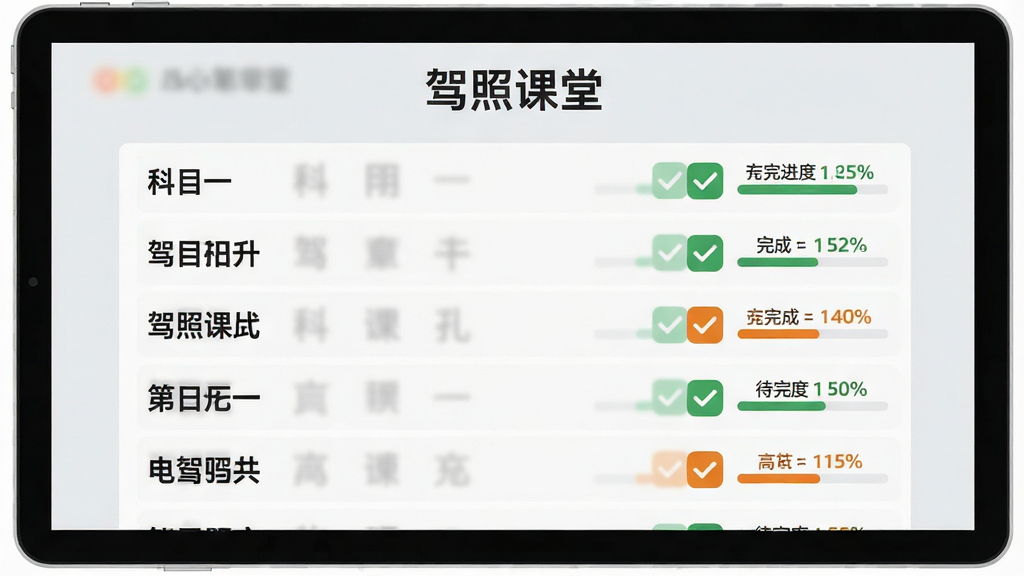 一张展示驾照课堂章节练习页面的图片,屏幕上列出科目一各章节名称和完成进度百分比,旁边有绿色对勾和橙色待完成标记,背景是浅灰色,风格清爽扁平,细节干净,画质清晰,图片中文字包含“驾照课堂”。